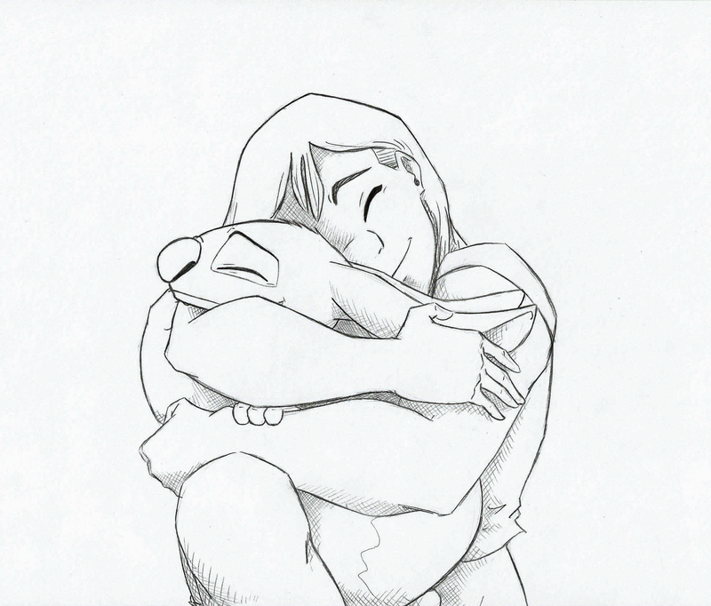 2014 5_fingers alien back_markings clothed clothing disney duo ears_back experiment_(species) eyes_closed greyscale head_tuft heartwarming hug human kiki564 lilo_and_stitch mammal markings monochrome nani_pelekai simple_background sitting small_tail smile stitch traditional_media_(artwork) tuft white_background