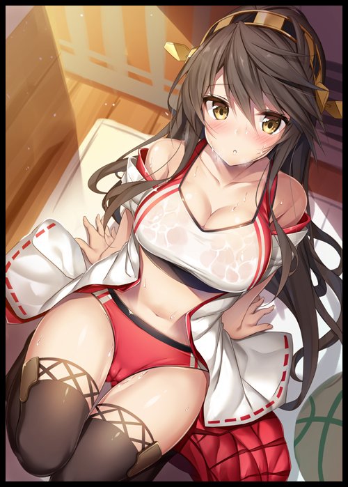 ass_visible_through_thighs bangs black_border black_legwear blush border breasts brown_hair buruma cameltoe cleavage collarbone commentary_request cover cover_page day detached_sleeves doujin_cover exe_(xe) from_above hair_between_eyes hairband haruna_(kantai_collection) indoors kantai_collection large_breasts long_hair navel nontraditional_miko parted_lips pleated_skirt red_buruma red_skirt ribbon-trimmed_sleeves ribbon_trim see-through sidelocks sitting skirt skirt_removed solo sports_bra stomach sweat thighhighs thighs very_long_hair windowboxed wooden_floor yellow_eyes