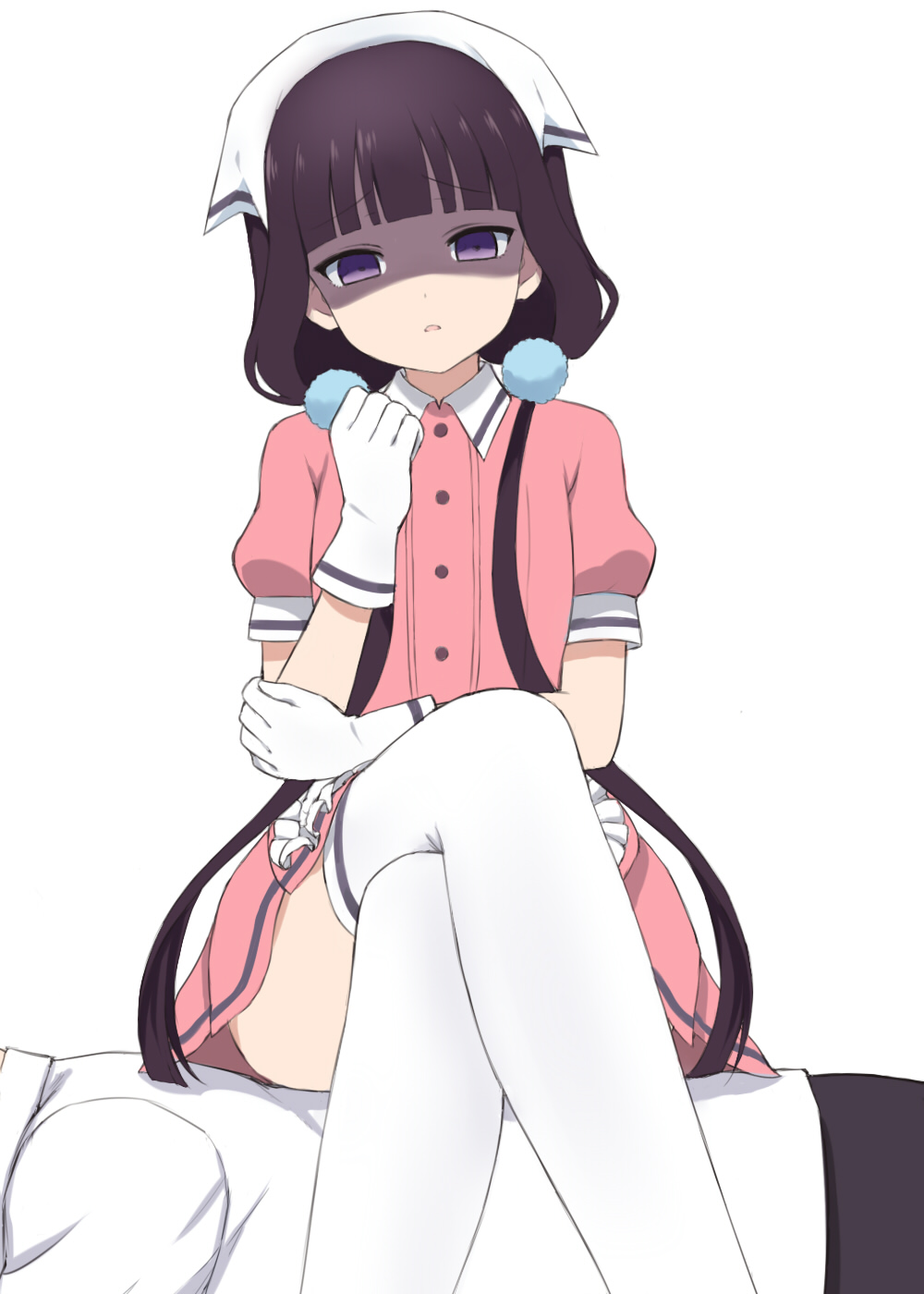 blend_s crossed_legs gloves highres long_hair looking_at_viewer low_twintails purple_eyes sakuranomiya_maika shaded_face sitting solo stile_uniform thighhighs twintails waitress white_gloves white_legwear xingnai