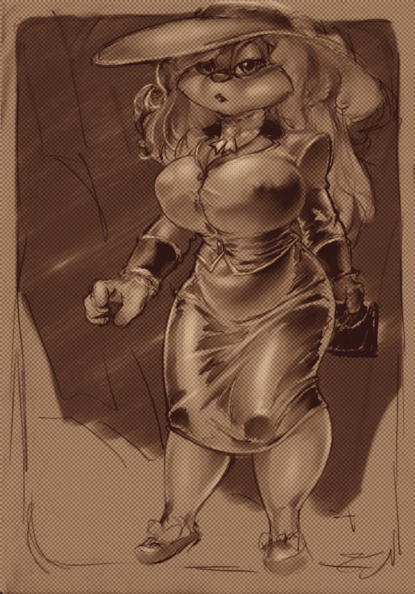 anthro big_breasts breasts clothed clothing female frown gloves hair hat lachland-nightingale lagomorph long_hair looking_at_viewer mammal monochrome nipple_bulge purse rabbit retro sepia skirt solo tight_clothing