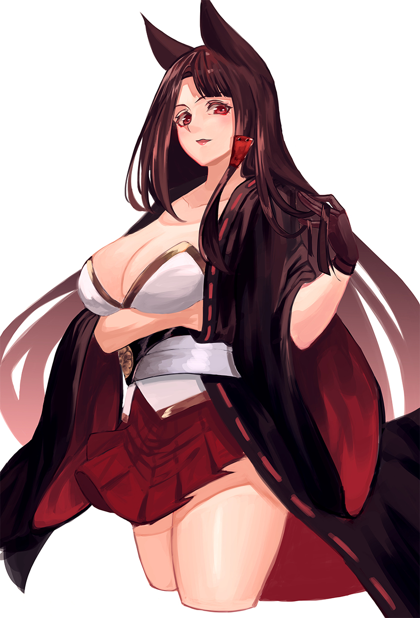 akagi_(azur_lane) animal_ears azur_lane bad_id bad_pixiv_id black_gloves black_hair breast_hold breasts cleavage collarbone commentary_request cowboy_shot fox_ears fox_tail gloves hakama_skirt highres japanese_clothes large_breasts long_hair long_sleeves looking_at_viewer multiple_tails parted_lips red_eyes red_skirt shiodango skirt solo tail wide_sleeves