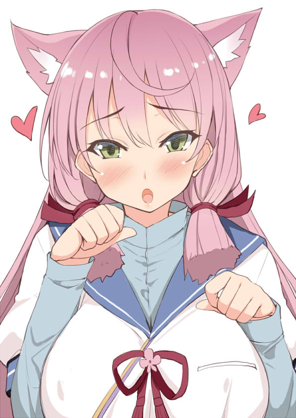 akashi_(kantai_collection) animal_ears blue_sailor_collar blue_shirt blush breasts cat_ears commentary_request green_eyes hair_ribbon heart kantai_collection kusano_(torisukerabasu) large_breasts long_hair long_sleeves open_mouth paw_pose pink_hair red_ribbon ribbon sailor_collar school_uniform serafuku shirt simple_background solo tress_ribbon white_background