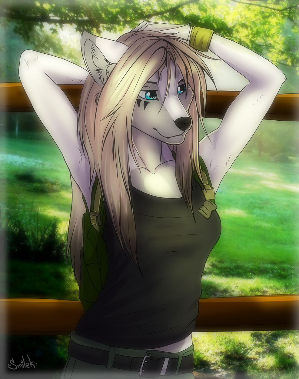 anthro black_nose blue_eyes breasts canine clothed clothing detailed_background digital_media_(artwork) female mammal smile smilek solo tan_hair wolf