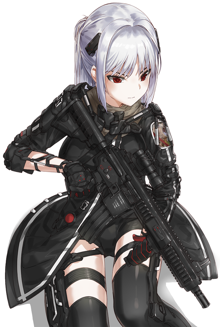 assault_rifle black_coat black_gloves coat commentary exoskeleton gloves gun hair_ornament heckler_&amp;_koch hk416 holding holding_gun holding_weapon kfr long_coat original red_eyes rifle scarf science_fiction shorts silver_hair simple_background solo thigh_strap thighhighs weapon white_background