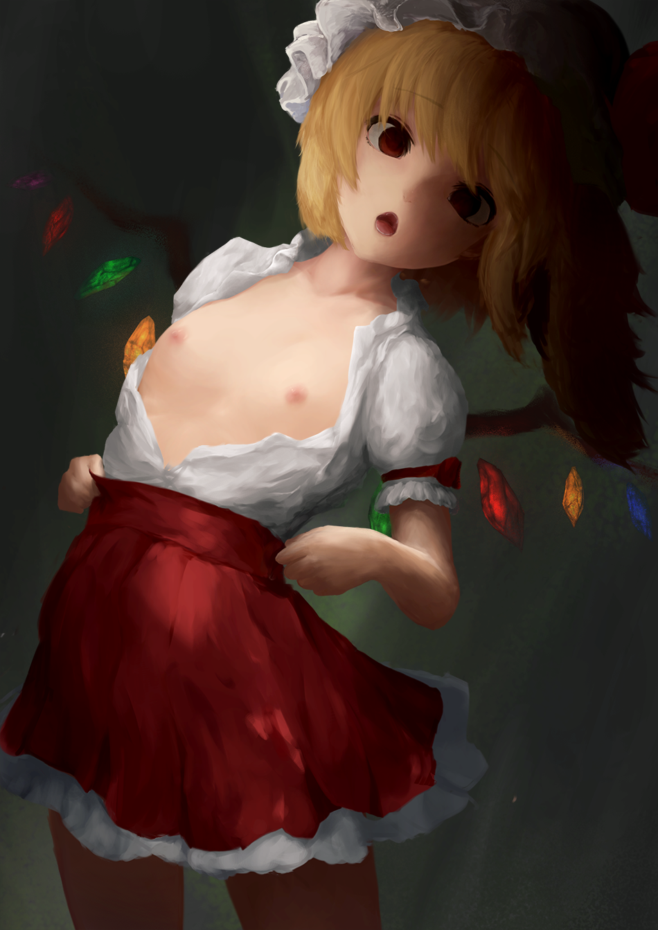 :o bangs bare_arms blonde_hair collarbone cowboy_shot cross_eyed crystal eyebrows_visible_through_hair flandre_scarlet flat_chest hands_up hat heierqi high-waist_skirt highres leaning_to_the_side long_hair looking_at_viewer mob_cap nipples open_clothes open_mouth open_shirt puffy_short_sleeves puffy_sleeves red_eyes red_skirt shirt short_sleeves skirt solo standing stomach touhou white_shirt wings