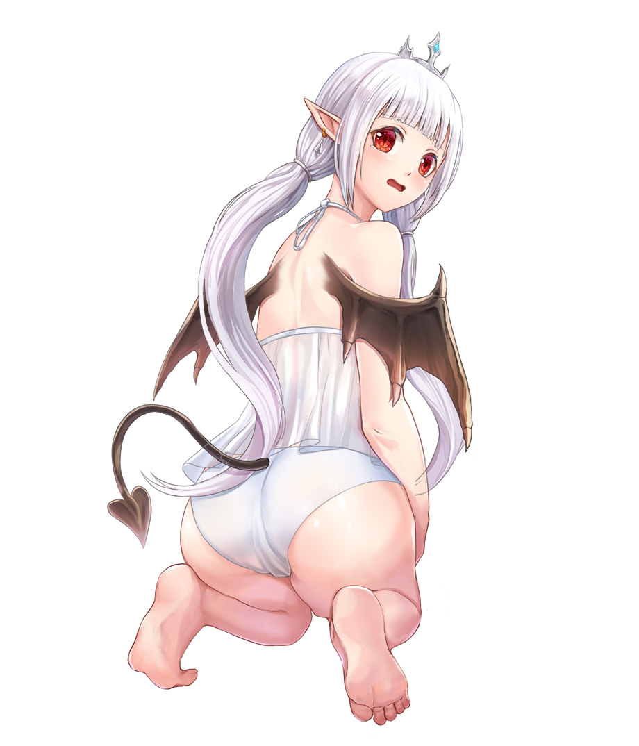 ass bangs bikini blush d: demon_girl demon_tail demon_wings earrings eyebrows_visible_through_hair feet from_behind full_body halter_top halterneck jewelry kneeling long_hair looking_at_viewer looking_back lunacle open_mouth original pointy_ears red_eyes see-through shiny shiny_hair sidelocks silver_hair simple_background soles solo swimsuit tail tareme tears tiara white_background white_bikini white_hair wings