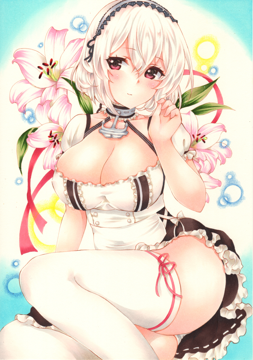 1girl anchor azur_lane bangs blush breasts choker cleavage collarbone dress eyebrows_visible_through_hair flower hair_between_eyes hairband hand_up highres lace-trimmed_hairband large_breasts looking_at_viewer puffy_sleeves red_eyes ribbon ribbon-trimmed_legwear ribbon_trim short_hair short_sleeves sidelocks sirius_(azur_lane) sitting solo thighhighs white_hair white_legwear yoruoujito-tsukinohime