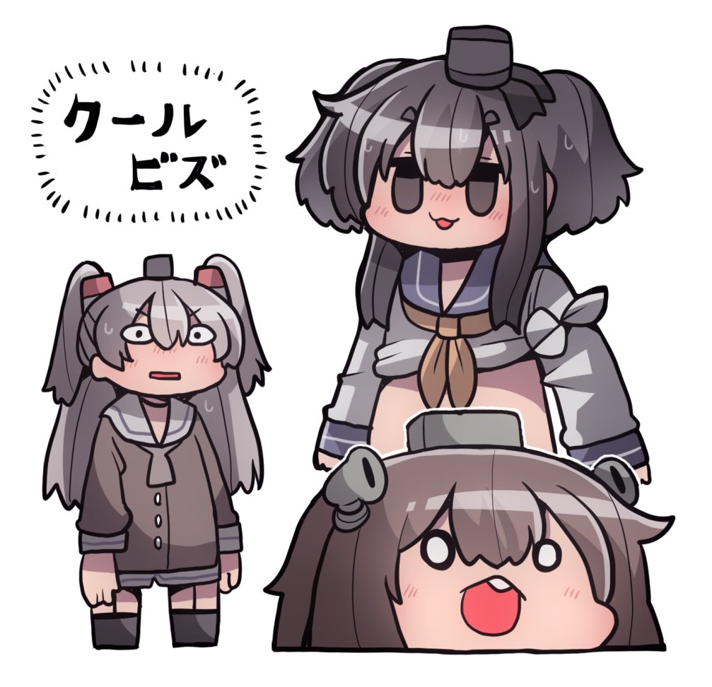 :3 :d amatsukaze_(kantai_collection) binoculars black_hair brown_dress brown_hair buck_teeth chibi dress garter_straps hat headgear kakuzatou_(koruneriusu) kantai_collection lifebuoy long_hair mini_hat multiple_girls open_mouth red_legwear sailor_dress shirt_lift short_dress short_hair short_hair_with_long_locks sidelocks silver_hair simple_background smile sweat thighhighs tokitsukaze_(kantai_collection) translated two_side_up white_background windsock yellow_neckwear yukikaze_(kantai_collection)