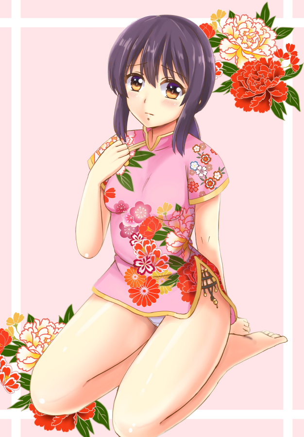 barefoot black_hair brown_eyes china_dress chinese_clothes dress floral_print flower fubuki_(kantai_collection) full_body kantai_collection long_hair low_ponytail md5_mismatch ookawa_wataru panties pantyshot pink_dress ponytail seiza short_ponytail sidelocks sitting solo underwear white_panties