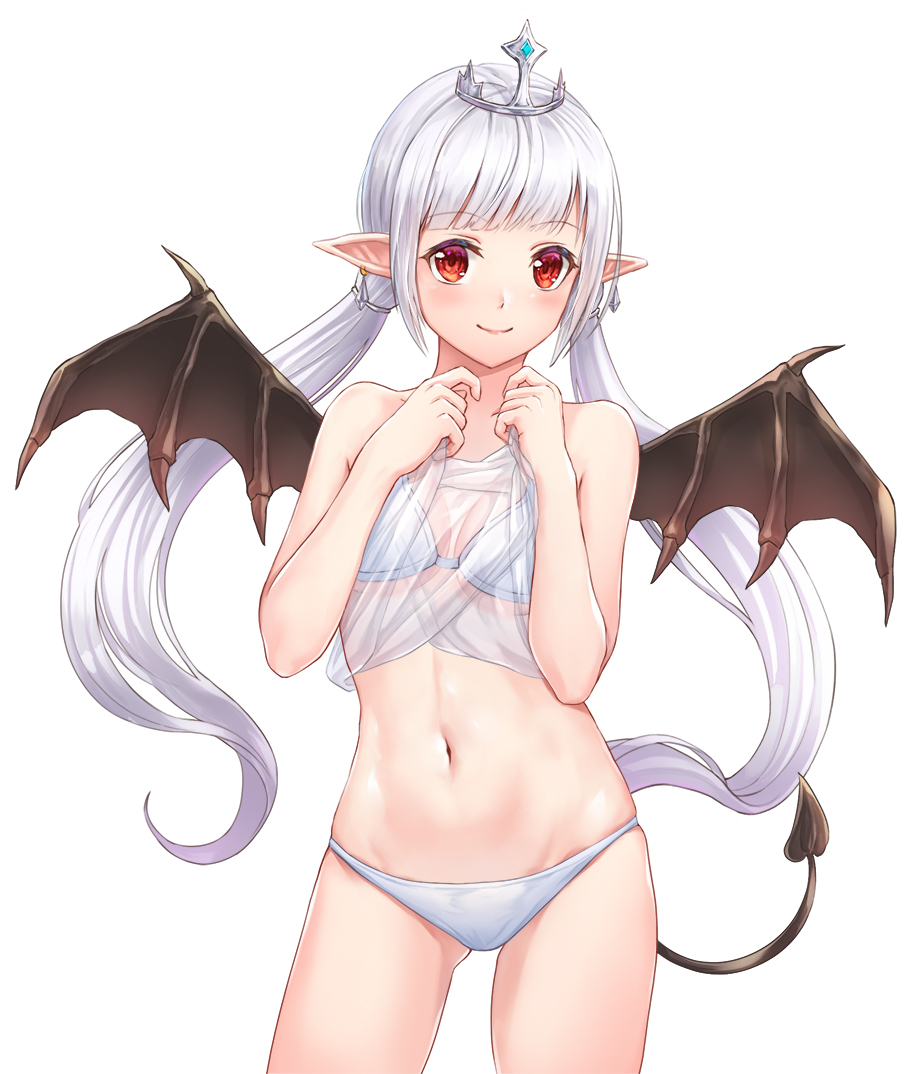 bangs bikini blunt_bangs blush breasts cleavage closed_mouth commentary cowboy_shot demon_girl demon_tail demon_wings earrings eyebrows_visible_through_hair hands_up jewelry long_hair looking_at_viewer low_twintails lunacle navel original pointy_ears see-through shiny shiny_hair sidelocks silver_hair simple_background small_breasts smile solo swimsuit tail tareme thighs tiara twintails white_background white_bikini wings