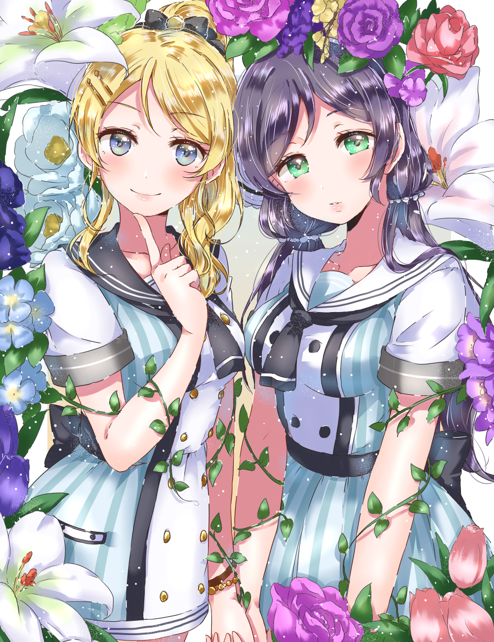ayase_eli bell blonde_hair blue_eyes bow bracelet double-breasted dress finger_to_cheek flower green_eyes hair_bell hair_bow hair_ornament hairpin highres holding_hands index_finger_raised jewelry jingle_bell kaisou_(0731waka) lily_(flower) long_hair looking_at_viewer love_live! love_live!_school_idol_project multiple_girls plant ponytail purple_flower purple_hair purple_rose red_flower red_rose rose sailor_collar short_sleeves sidelocks smile toujou_nozomi twintails vines yuri