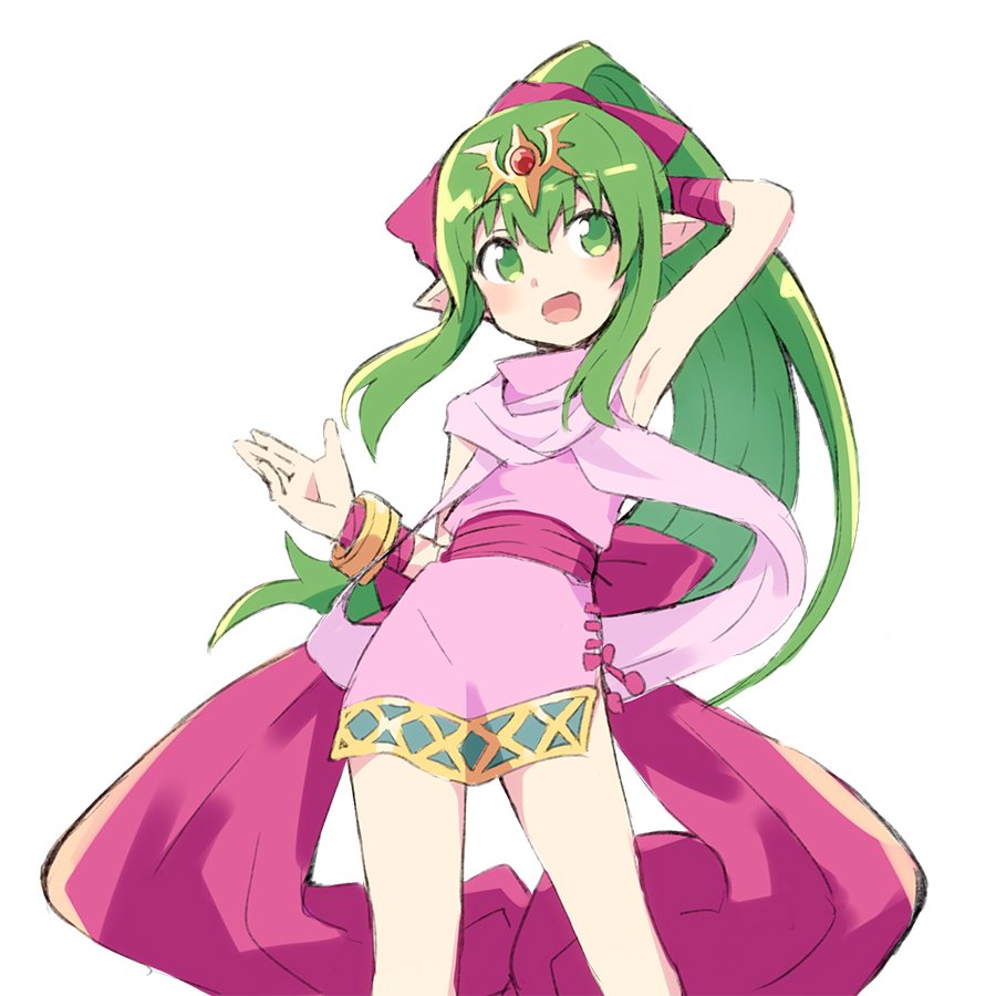 1girl arm_up bracelet chiki chikuwa_(majihima) dress fire_emblem fire_emblem:_monshou_no_nazo green_eyes green_hair jewelry long_hair mamkute nintendo open_mouth pink_dress pointy_ears ponytail short_dress simple_background solo tiara white_background