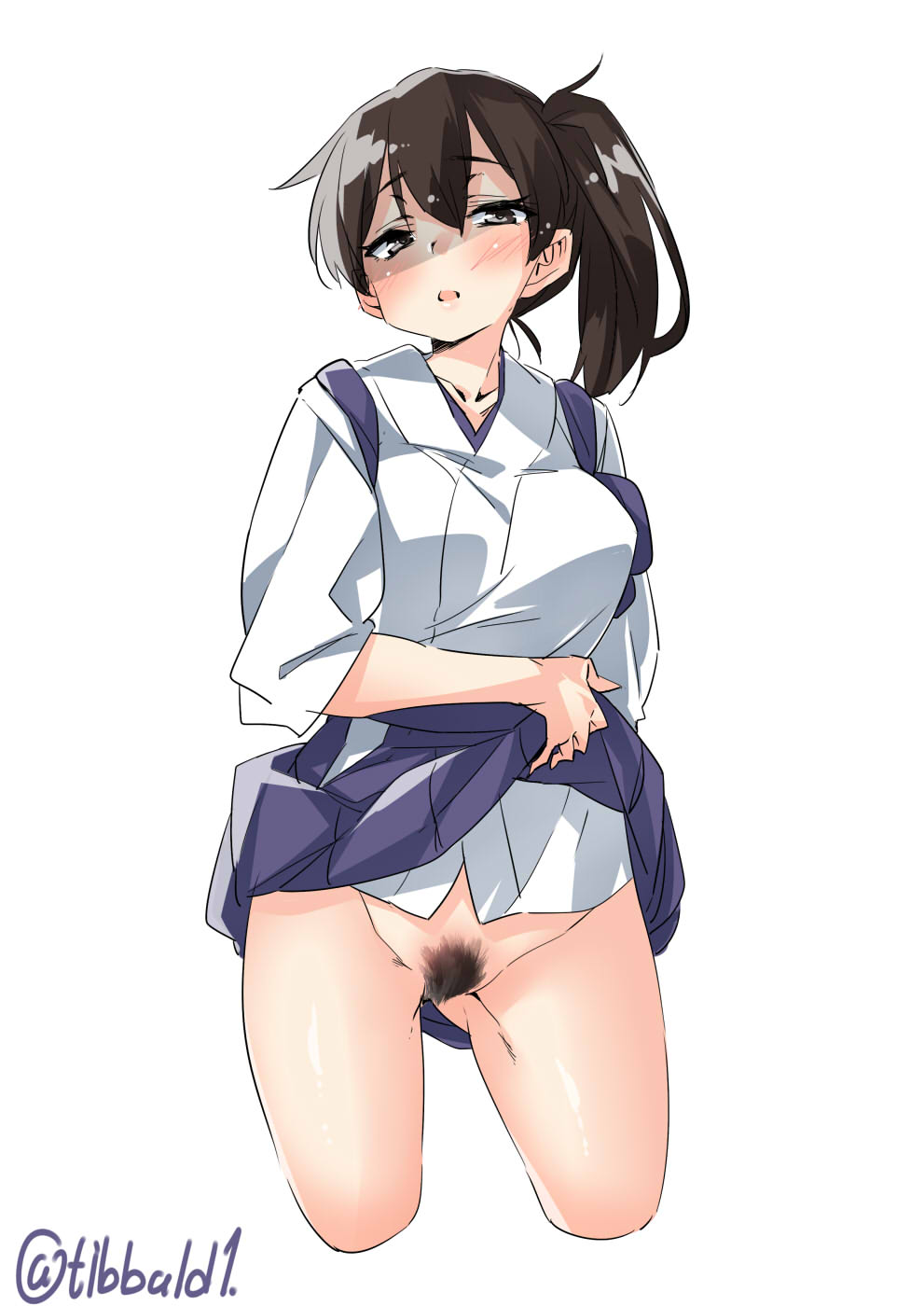 ass_visible_through_thighs bangs blush brown_eyes brown_hair cowboy_shot cropped_legs ebifurya eyebrows_visible_through_hair groin hair_between_eyes hakama_skirt highres japanese_clothes kaga_(kantai_collection) kantai_collection lifted_by_self looking_at_viewer moderate_pubic_hair no_panties open_mouth pubic_hair shaded_face side_ponytail simple_background solo twitter_username white_background