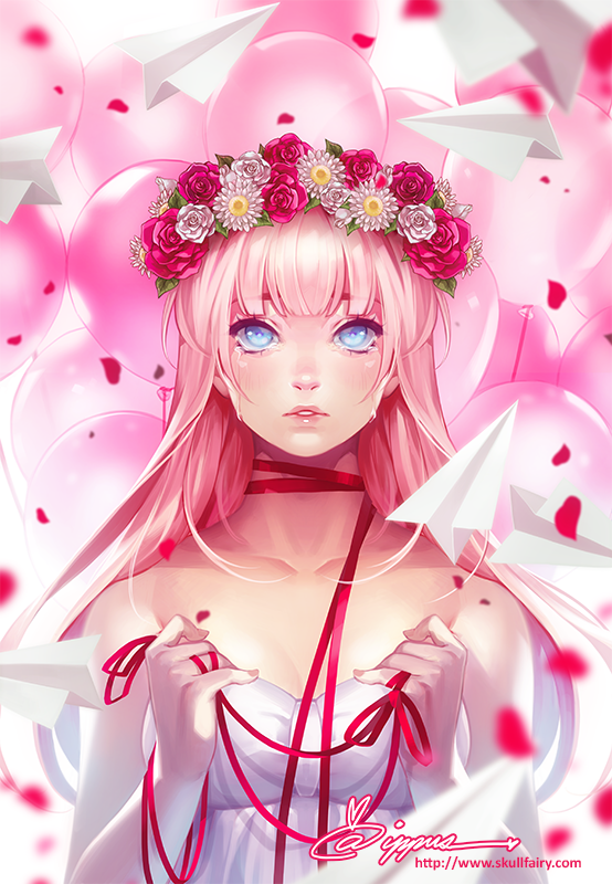 balloon bangs bare_shoulders blue_eyes collarbone crying crying_with_eyes_open daisy dress flower flower_wreath head_wreath just_be_friends_(vocaloid) lips long_hair megurine_luka na_young_lee paper_airplane petals pink_hair red_flower red_rose ribbon rose rose_petals signature solo tears vocaloid watermark web_address white_flower white_rose