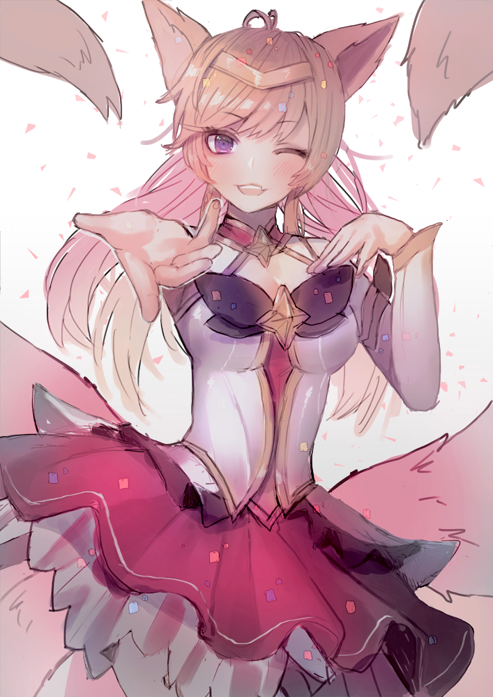 ;d ahri animal_ears blonde_hair blush elbow_gloves fox_ears fox_girl gloves hanato_(seonoaiko) league_of_legends long_hair looking_at_viewer magical_girl one_eye_closed open_mouth purple_eyes reaching_out simple_background skirt smile solo star_guardian_ahri tiara white_background