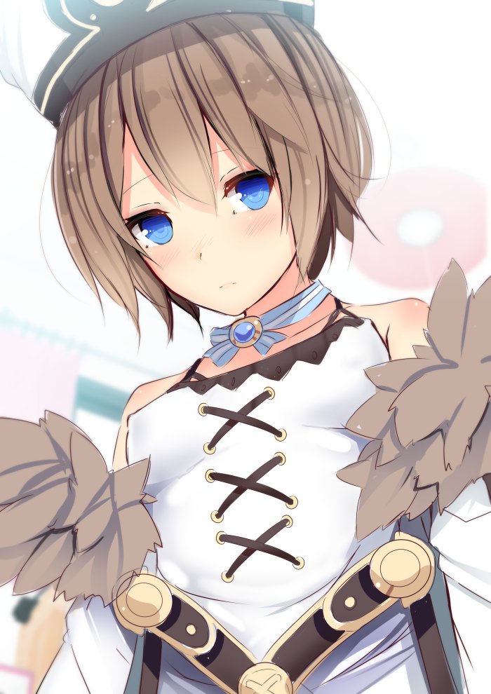 bare_shoulders blanc blue_eyes blush brown_hair covered_nipples daiaru dress fur_trim hat jewelry looking_at_viewer neptune_(series) short_hair shoulder_strap solo upper_body white_coat white_dress
