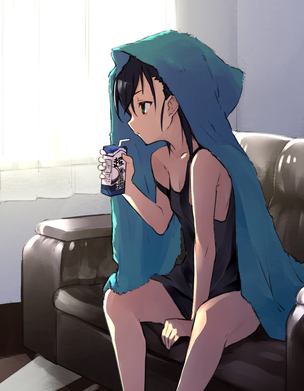 bare_arms bare_legs bare_shoulders black_hair carton couch curtains drinking_straw green_eyes hand_up highres holding indoors long_hair nuqura original profile sitting sleeveless solo strap_slip tank_top towel towel_on_head transparent window