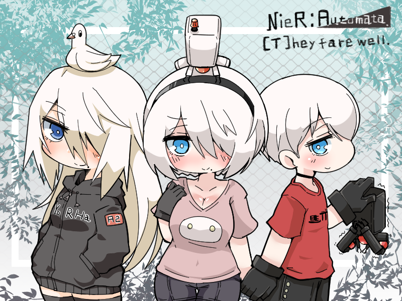 2girls alternate_costume anahoriya blush breasts casual character_name choker cleavage commentary_request copyright_name english gloves hair_over_one_eye hands_in_pockets holding_hands hood hoodie large_breasts long_hair looking_at_viewer mole mole_under_mouth multiple_girls nier_(series) nier_automata no_blindfold short_hair shorts smile thighhighs white_hair yorha_no._2_type_b yorha_no._9_type_s yorha_type_a_no._2