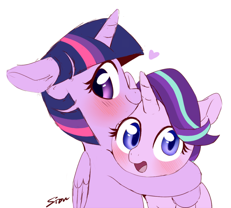 &lt;3 2017 aosion blue_eyes blush cute duo equine eyelashes feathered_wings feathers female friendship_is_magic hair happy horn hug looking_at_viewer love mammal multicolored_hair my_little_pony open_mouth purple_eyes simple_background smile starlight_glimmer_(mlp) twilight_sparkle_(mlp) two_tone_hair unicorn white_background winged_unicorn wings
