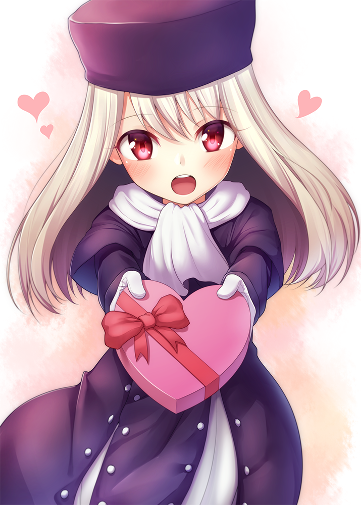 albino blush bow box capelet commentary_request cowboy_shot dress eyebrows_visible_through_hair fal fate/stay_night fate_(series) gift gift_box gift_wrapping gloves happy heart heart-shaped_box holding holding_gift illyasviel_von_einzbern incoming_gift long_hair looking_at_viewer outstretched_arms purple_coat purple_hair red_bow red_eyes scarf simple_background solo upper_teeth valentine white_dress white_gloves white_hair white_scarf winter_clothes