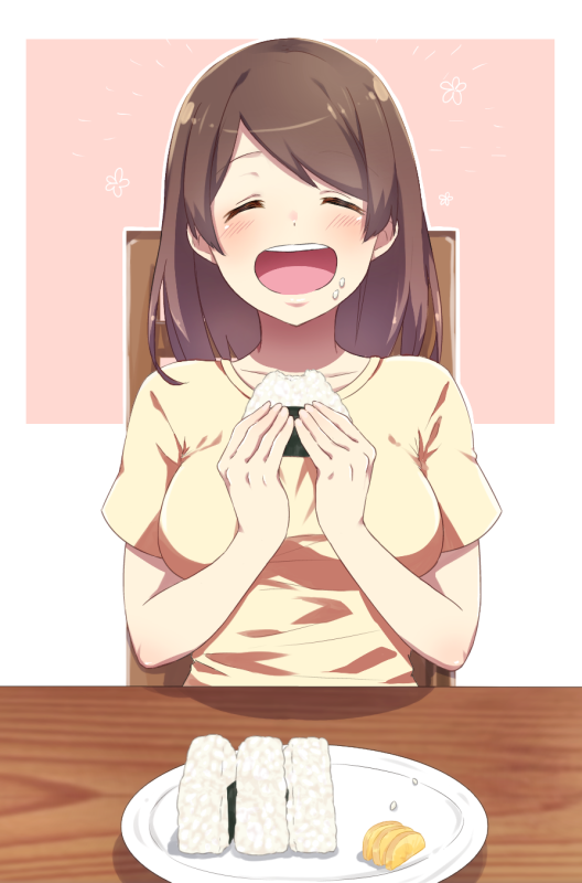 1girl :d ^_^ bangs bite_mark breasts brown_hair chair closed_eyes collarbone food food_on_face happy holding holding_food large_breasts long_hair onigiri open_mouth original plate rice rice_on_face sakamo2424 shirt short_sleeves sitting smile solo swept_bangs table takuan two-tone_background upper_body yellow_shirt