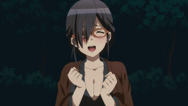 1girl ^_^ animated animated_gif anime-gataris black_hair blush breasts cleavage female forest glasses grey_eyes japanese_clothes kouenji_miko large_breasts long_hair looking_at_viewer night ponytail solo