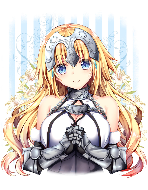 bangs blonde_hair blue_eyes blush breasts c: chain closed_mouth commentary_request eyebrows_visible_through_hair fate/apocrypha fate_(series) floral_background flower gauntlets geko headpiece interlocked_fingers jeanne_d'arc_(fate) jeanne_d'arc_(fate)_(all) large_breasts lily_(flower) long_hair looking_at_viewer own_hands_together smile solo upper_body wavy_hair white_flower