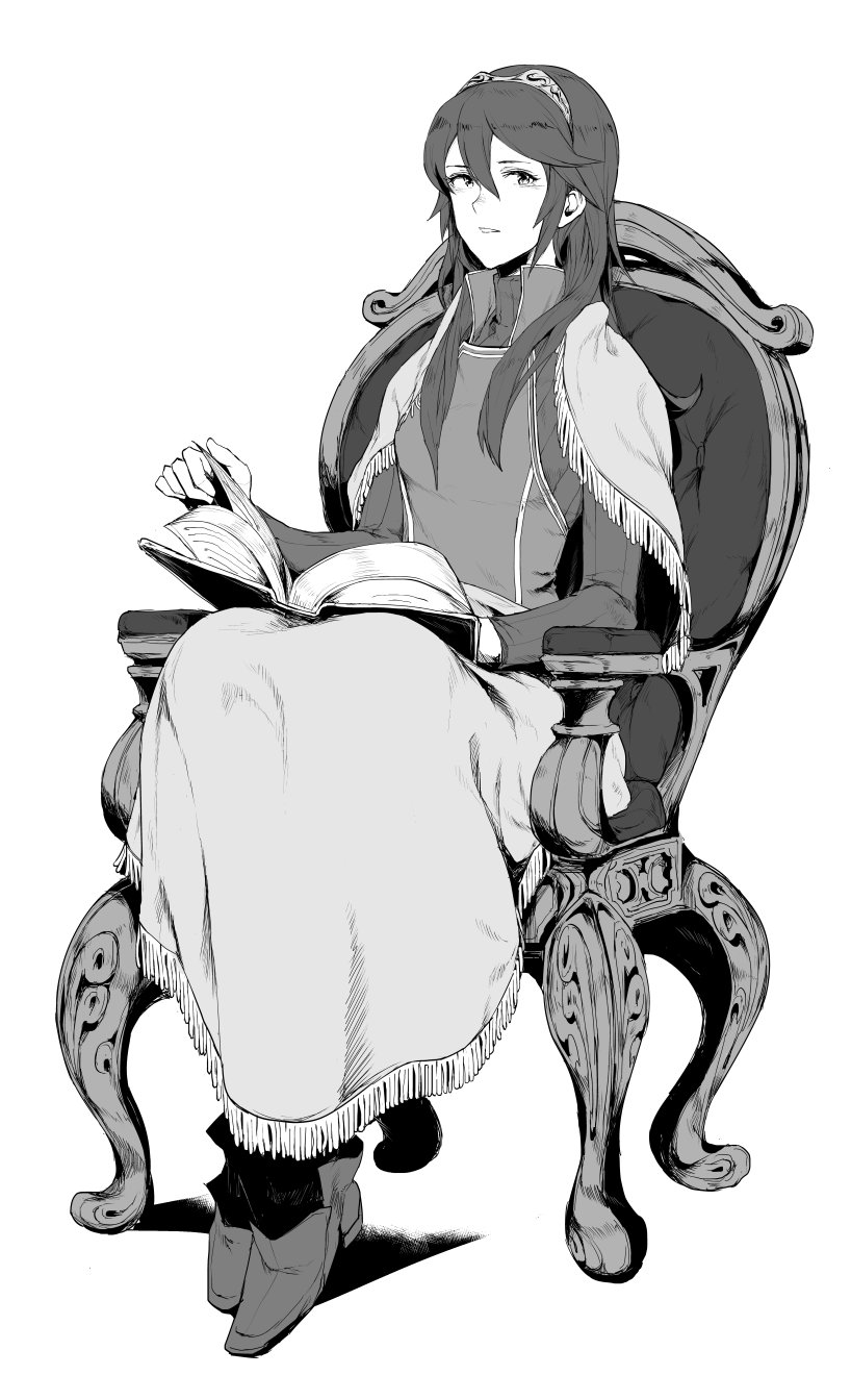bangs blanket blush book chair fire_emblem fire_emblem:_kakusei full_body greyscale highres holding holding_book jewelry long_hair long_sleeves looking_at_viewer lucina monochrome parted_lips simple_background sitting solo tiara white_background