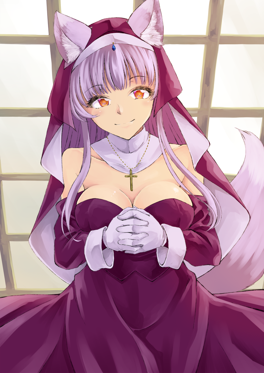 animal_ears bangs blush breasts cleavage closed_mouth commentary_request cowboy_shot cross cross_necklace detached_sleeves dress gloves habit hands_clasped highres jewelry large_breasts long_hair looking_at_viewer necklace nun orange_eyes original own_hands_together purple_dress silver_hair smile solo strapless strapless_dress tail wee white_gloves wolf_ears wolf_tail