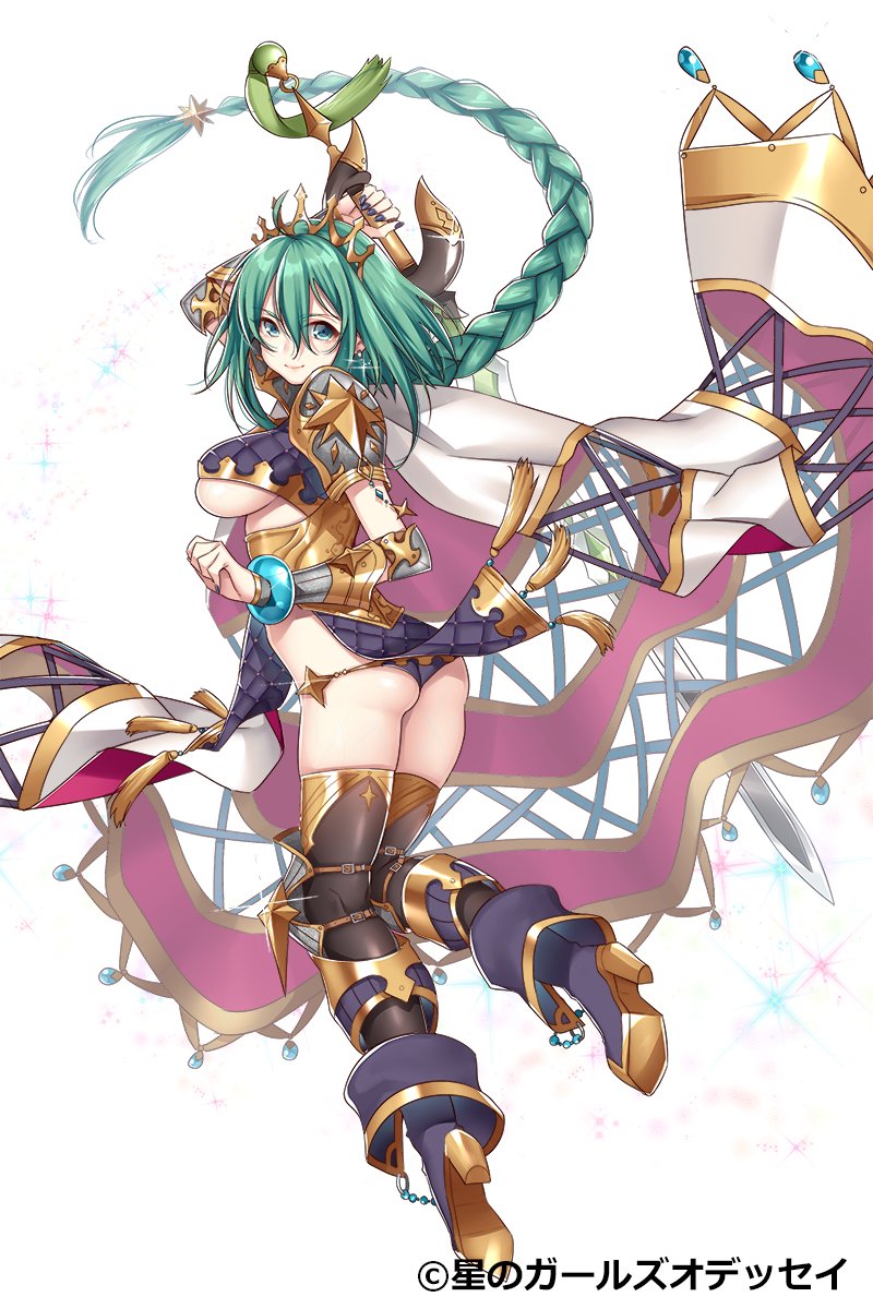 armor ass bangs boots bracelet braid breasts cape commentary copyright_name crown earrings floating_hair full_body gauntlets green_eyes green_hair hair_ornament hattori_masaki highres holding holding_sword holding_weapon hoshi_no_girls_odyssey jewelry jpeg_artifacts large_breasts long_hair looking_at_viewer looking_back official_art pelvic_curtain shiny shoulder_armor shoulder_pads simple_background single_braid smile solo sparkle sword thighhighs underboob very_long_hair weapon white_background