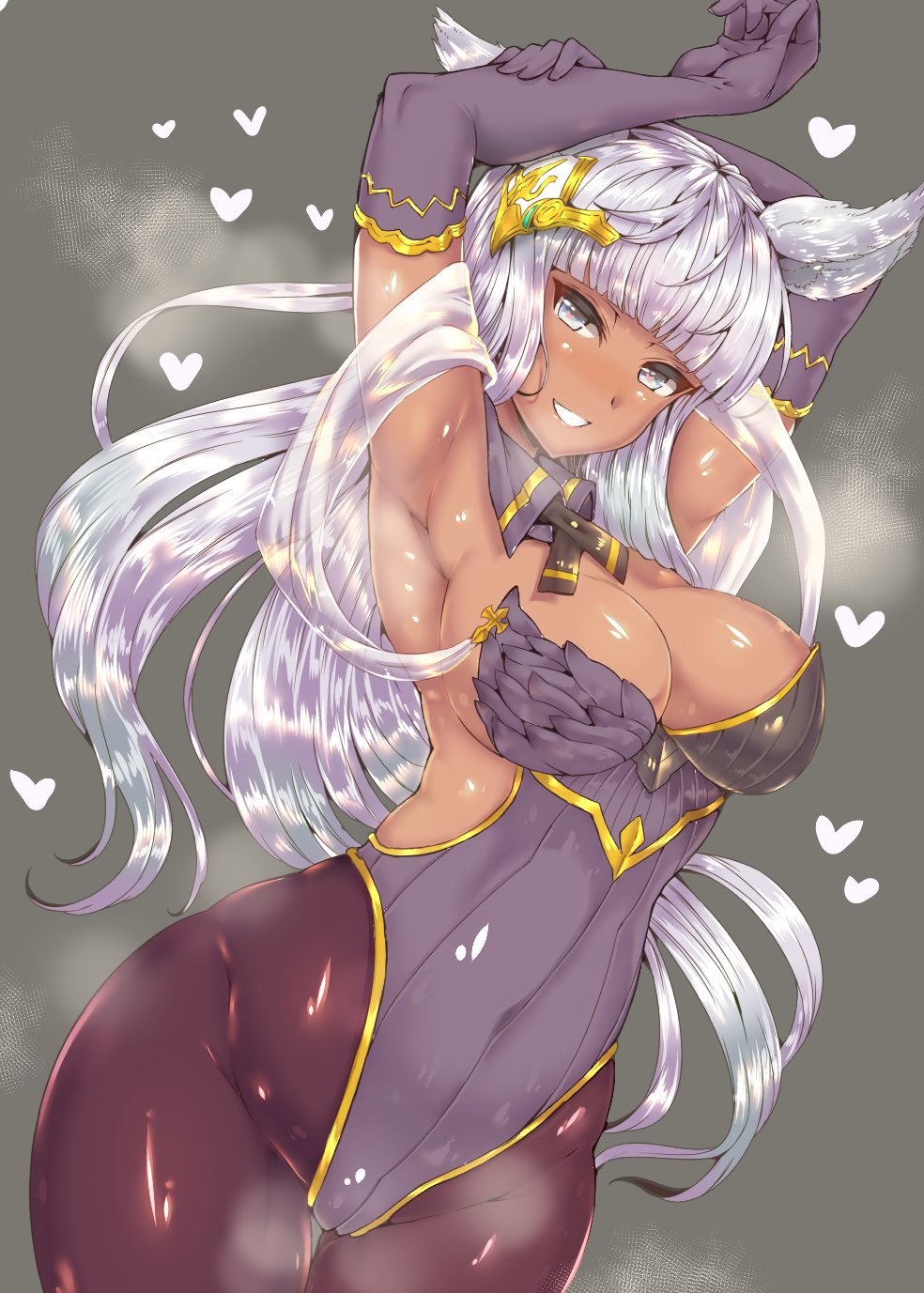 alternate_color alternate_skin_color animal_ears armpits arms_up backless_outfit bangs black_gloves black_legwear blunt_bangs breasts cleavage commentary_request covered_navel cowboy_shot dark_skin elbow_gloves erune gloves gold_trim granblue_fantasy hair_ornament heart highleg highleg_leotard highres korwa large_breasts leotard long_hair looking_at_viewer pantyhose parted_lips shiny shiny_skin sideboob silver_eyes silver_hair smile solo steaming_body wakura_(gcdan)