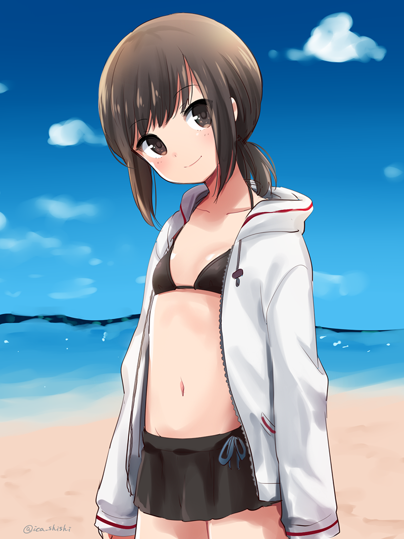 alternate_costume arms_at_sides bangs beach bikini bikini_skirt bikini_under_clothes black_bikini black_eyes black_hair blue_ribbon blue_sky blush closed_mouth cloud commentary cowboy_shot day drawstring eyebrows eyebrows_visible_through_hair eyes_visible_through_hair flat_chest from_side fubuki_(kantai_collection) head_tilt hood hood_down hooded_jacket ica jacket kantai_collection light_smile long_sleeves looking_at_viewer low_ponytail navel ocean open_clothes open_jacket outdoors pocket ribbon short_hair short_ponytail sidelocks sketch sky smile solo standing stomach swimsuit twitter_username unzipped water white_jacket