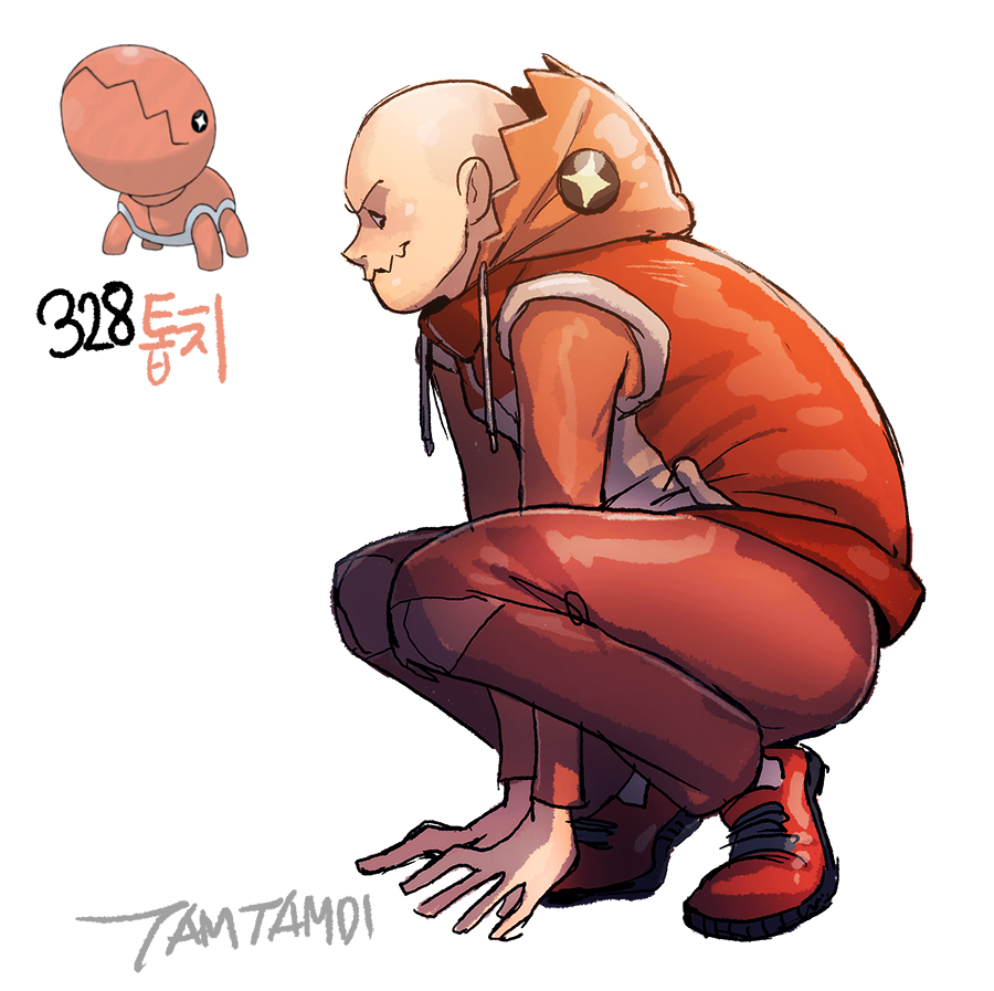 artist_name bald full_body gen_3_pokemon hood hood_down hooded_jacket jacket male_focus orange_pants personification pokemon pokemon_(creature) red_footwear solo squatting tamtamdi trapinch wavy_mouth