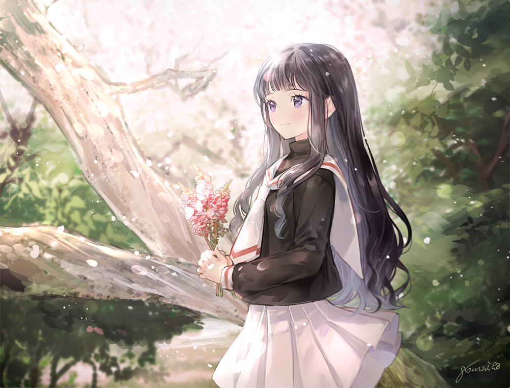 bangs black_hair blunt_bangs blurry blurry_background cardcaptor_sakura closed_mouth commentary cowboy_shot daidouji_tomoyo day flower from_side gomzi holding holding_flower lens_flare long_hair long_sleeves looking_away medium_skirt nature outdoors pink_flower pleated_skirt purple_eyes school_uniform serafuku shiny shiny_hair sidelocks signature skirt smile solo standing sunlight tomoeda_elementary_school_uniform tree white_skirt wind wind_lift