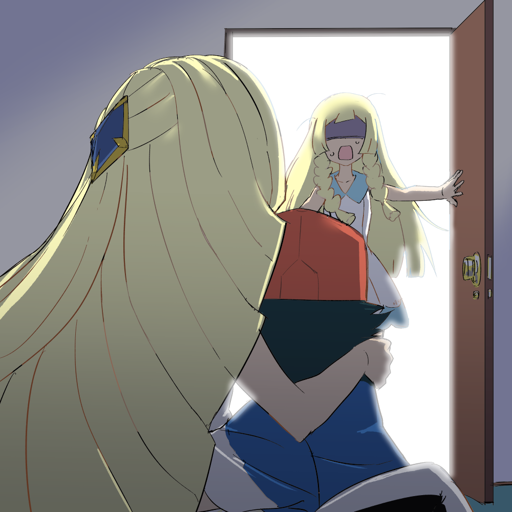 age_difference baseball_cap bedroom black_hair blonde_hair blush braid caught commentary dress hair_ornament hat indoors lillie_(pokemon) long_hair lusamine_(pokemon) mother_and_daughter multiple_girls mushi_gyouza on_bed open_door open_mouth pokemon pokemon_(anime) pokemon_sm_(anime) precure_netorare satoshi_(pokemon) shaded_face surprised sweatdrop twin_braids very_long_hair walk-in