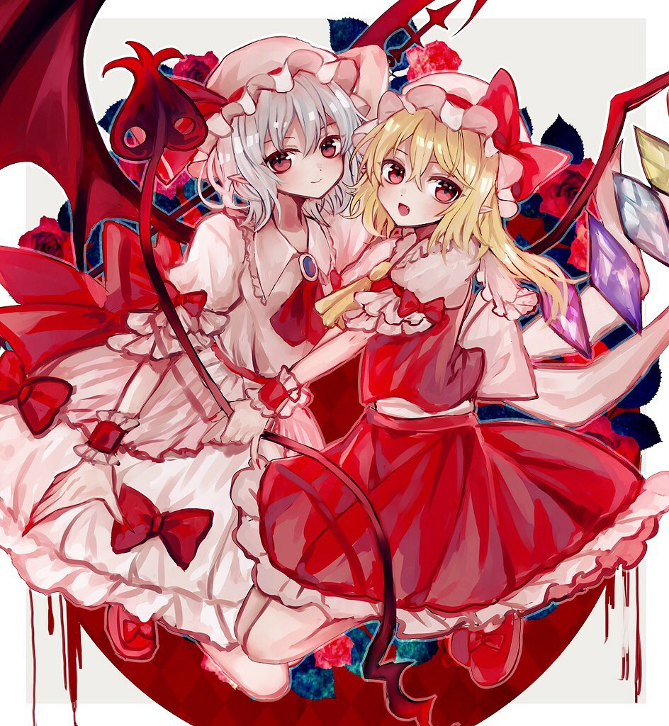 abandon_ranka ascot bat_wings blonde_hair bow commentary_request crystal dress fingernails flandre_scarlet full_body hat hat_bow laevatein looking_at_viewer mob_cap moon multiple_girls nail_polish night night_sky open_mouth petticoat pointy_ears puffy_sleeves red_eyes red_moon remilia_scarlet sash sharp_fingernails shirt shoes short_hair short_sleeves siblings side_ponytail silver_hair sisters skirt skirt_set sky smile spear_the_gungnir touhou vest wings wrist_cuffs
