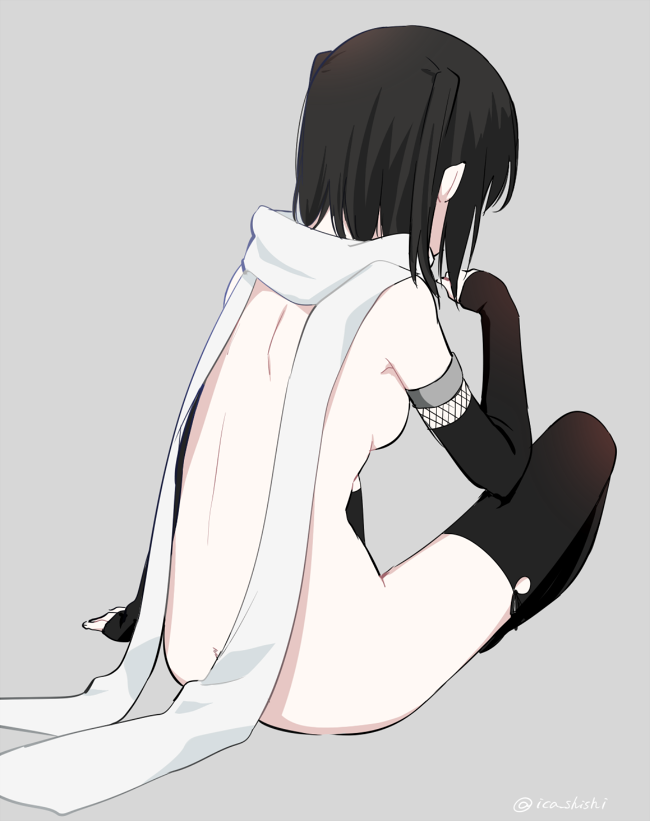 arm_at_side ass back black_gloves black_hair black_legwear breasts butt_crack elbow_gloves facing_away from_behind full_body gloves grey_background hand_up ica kantai_collection medium_breasts naked_scarf nude scarf sendai_(kantai_collection) short_hair sideboob simple_background sitting sketch solo thighhighs twitter_username two_side_up white_scarf