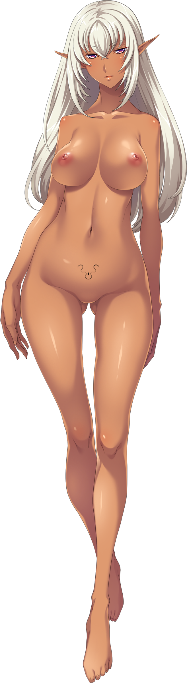 1girl bangs barefoot breasts collarbone crossed_bangs dark_skin eyebrows_visible_through_hair full_body gluteal_fold highres hikage_eiji kuroinu_2 large_breasts long_hair mistiora_arte navel nipples no_pussy nude official_art pink_eyes pointy_ears pubic_tattoo solo tattoo transparent_background white_hair