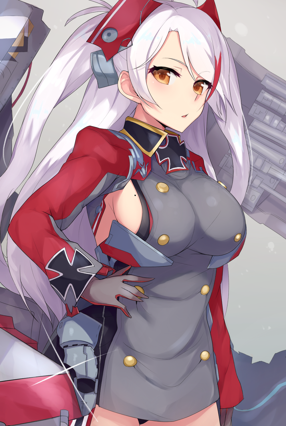 azur_lane bangs black_gloves blush breasts brown_eyes commentary_request cowboy_shot dress glint gloves grey_background hand_on_hip headgear highres ichijou_(kr_neru0) iron_cross large_breasts long_hair long_sleeves looking_at_viewer military military_uniform mole mole_on_breast parted_lips prinz_eugen_(azur_lane) red_hair rigging short_dress sideboob sidelocks simple_background solo tsurime two_side_up uniform white_hair