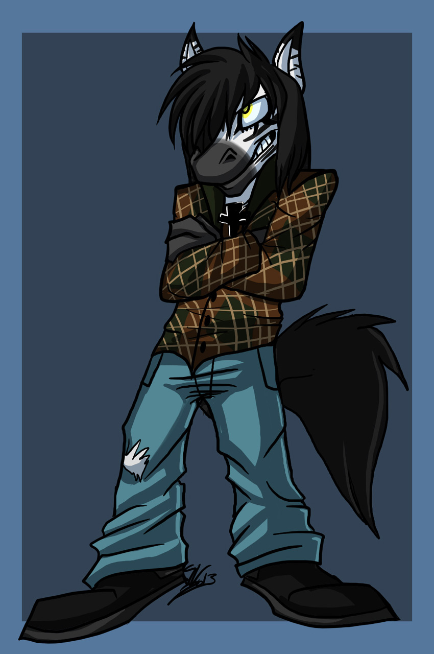 2013 angry anthro biped black_clothing black_footwear black_fur black_hair black_shoes black_tail blue_border border clothed clothing cross crossed_arms digital_media_(artwork) equine fatalsyndrome footwear front_view full-length_portrait fully_clothed fur grey_background grey_bottomwear grey_clothing grey_pants hair hair_over_eye hi_res long_hair male mammal multicolored_fur portrait shoes signature simple_background snout solo standing two_tone_fur vincenzo_moretti white_fur yellow_eyes zebra