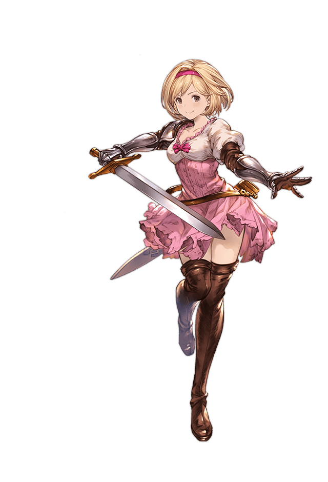 bangs blonde_hair boots breasts brown_eyes collarbone djeeta_(granblue_fantasy) dress fighter_(granblue_fantasy) full_body gauntlets granblue_fantasy hairband holding holding_sword holding_weapon juliet_sleeves leg_up long_sleeves looking_at_viewer medium_breasts minaba_hideo official_art pink_dress pink_hairband puffy_sleeves scabbard sheath short_dress short_hair smile solo standing sword thigh_boots thighhighs transparent_background weapon zettai_ryouiki