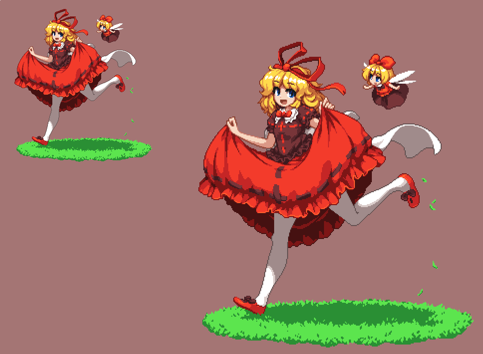 bangs blonde_hair blue_eyes bow bowtie brown_background commentary dress grass hair_bow hair_ribbon lifted_by_self looking_at_viewer medicine_melancholy pantyhose pixel_art puffy_short_sleeves puffy_sleeves red_bow red_dress red_footwear red_neckwear red_ribbon ribbon running shoes short_sleeves simple_background skirt_hold smile su-san takorin touhou white_legwear