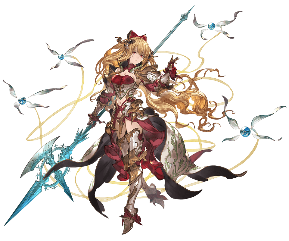 armor armored_boots bangs blonde_hair boots bow breasts full_body granblue_fantasy hair_bow hair_ornament halberd holding holding_weapon leg_up long_hair looking_at_viewer medium_breasts minaba_hideo navel official_art overskirt polearm red_eyes shoulder_armor solo transparent_background turtleneck vira_lilie weapon