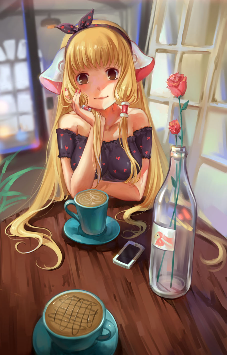 bare_shoulders blonde_hair blurry bottle brown_eyes cafe cellphone chii chin_rest chobits closed_mouth coffee coffee_mug cup depth_of_field duximeng flower hair_tubes hairband heart heart_print highres indoors long_hair looking_at_viewer mug nail_polish phone pov_across_table red_flower red_rose robot_ears rose smartphone smile solo table very_long_hair