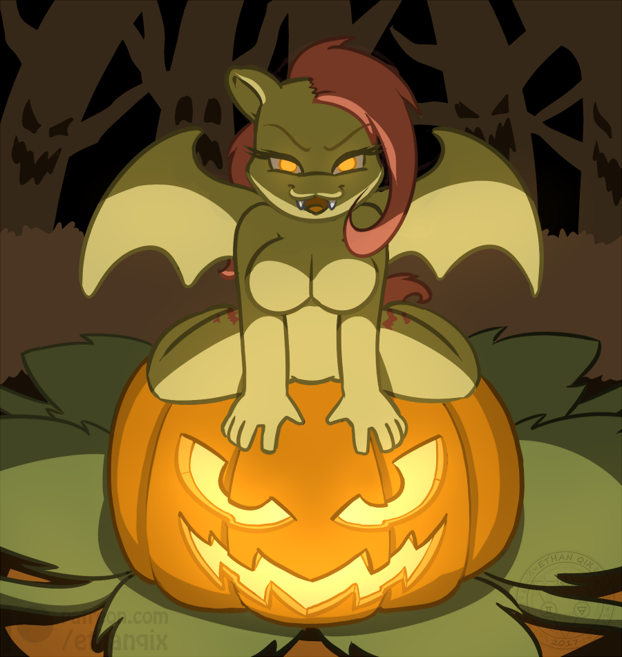 2017 amber_eyes anthro anthrofied bat_pony bat_wings breasts chibi cutie_mark equine ethanqix fangs featureless_breasts female flutterbat_(mlp) fluttershy_(mlp) food friendship_is_magic fruit halloween holidays mammal membranous_wings my_little_pony nude pumpkin wings