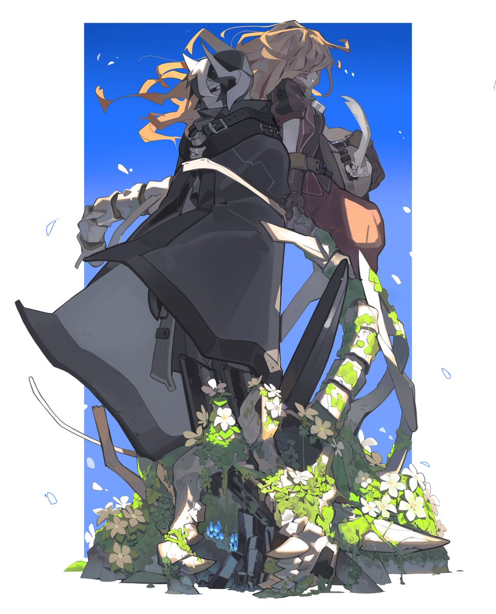 black_eyes black_hair blonde_hair bone boots cape closed_mouth commentary_request flower gloves grin headwear_removed helmet helmet_removed highres image_sample knifedragon lyza made_in_abyss moss multicolored_hair multiple_girls ozen pants short_hair sitting skeleton smile twitter_sample two-tone_hair whistle
