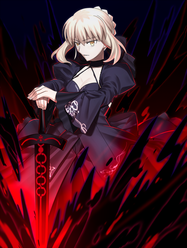 artoria_pendragon_(all) black_dress blonde_hair breasts cleavage dark_excalibur darkness dress fate/stay_night fate_(series) medium_breasts pale_skin saber_alter sen_(77nuvola) solo yellow_eyes