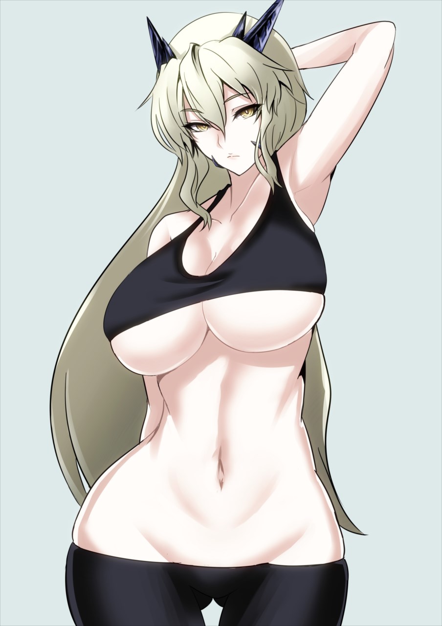 arm_up armpits artoria_pendragon_(all) artoria_pendragon_(lancer_alter) bare_shoulders black_bra black_pants blonde_hair bra breasts cleavage commentary_request expressionless fate/grand_order fate_(series) grey_background hair_between_eyes highres hips horns huge_breasts kawabata_yoshiro long_hair looking_at_viewer navel pale_skin pants sidelocks simple_background solo sports_bra sweatpants underboob underwear yellow_eyes