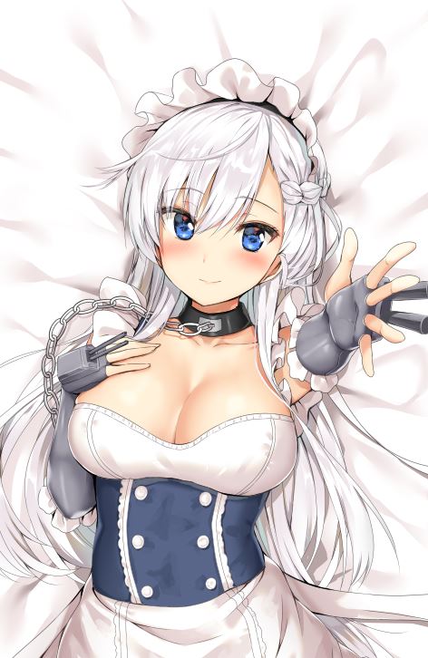 azur_lane bed_sheet belfast_(azur_lane) black_gloves blue_eyes blush body_mahattaya_ginga braid breasts chain cleavage closed_mouth collar collarbone corset dress elbow_gloves eyebrows_visible_through_hair fingerless_gloves french_braid from_above gloves hand_on_own_chest large_breasts long_hair looking_at_viewer lying maid_headdress on_back on_bed outstretched_arm reaching_out shiny shiny_hair silver_hair sleeveless sleeveless_dress smile solo tareme turret upper_body very_long_hair white_dress