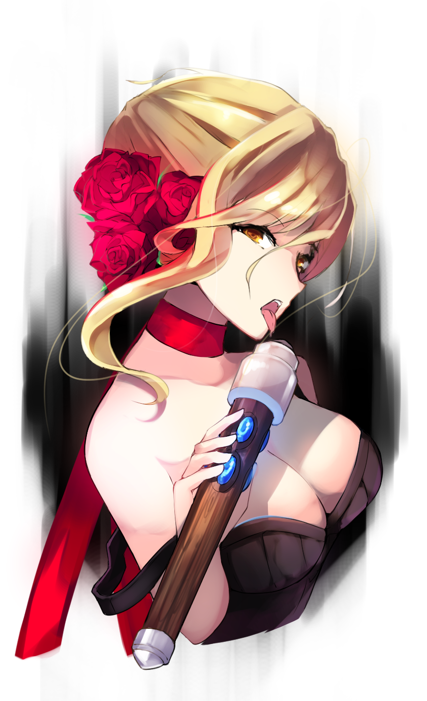 blonde_hair breasts chiroru_(cheese-roll) cleavage commentary evelynn flower hair_between_eyes hair_flower hair_ornament highres league_of_legends looking_at_viewer medium_breasts neckerchief open_mouth rose sexually_suggestive short_hair solo strap_slip tongue tongue_out yellow_eyes